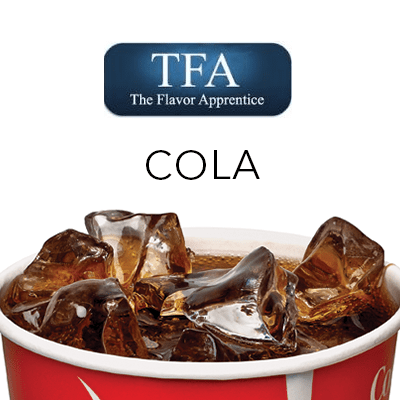 TFA Cola Soda flavor concentrate bottle from TFA Flavour Concentrates, featuring a clear label and blue cap.