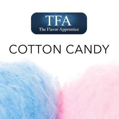 TFA Cotton Candy flavor concentrate with Ethyl Maltol, showing a small bottle of TFA Flavour Concentrates for vaping or flavoring.