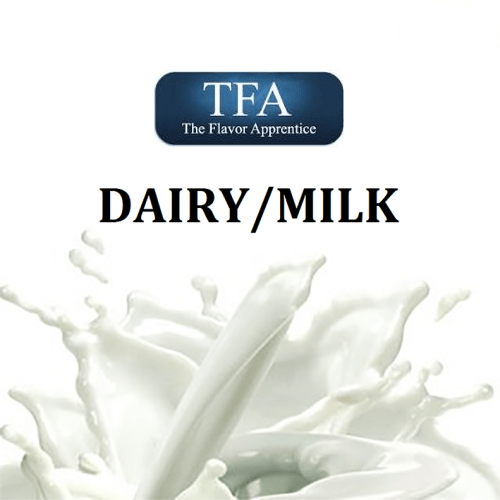 TFA Dairy Milk flavor concentrate by TFA, showing a bottle of TFA flavoring for e-liquids or culinary use.