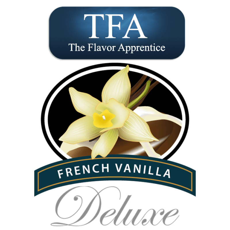 TFA French Vanilla Deluxe flavor concentrate bottle from TFA/TPA Flavour Concentrates with vanilla flavoring.