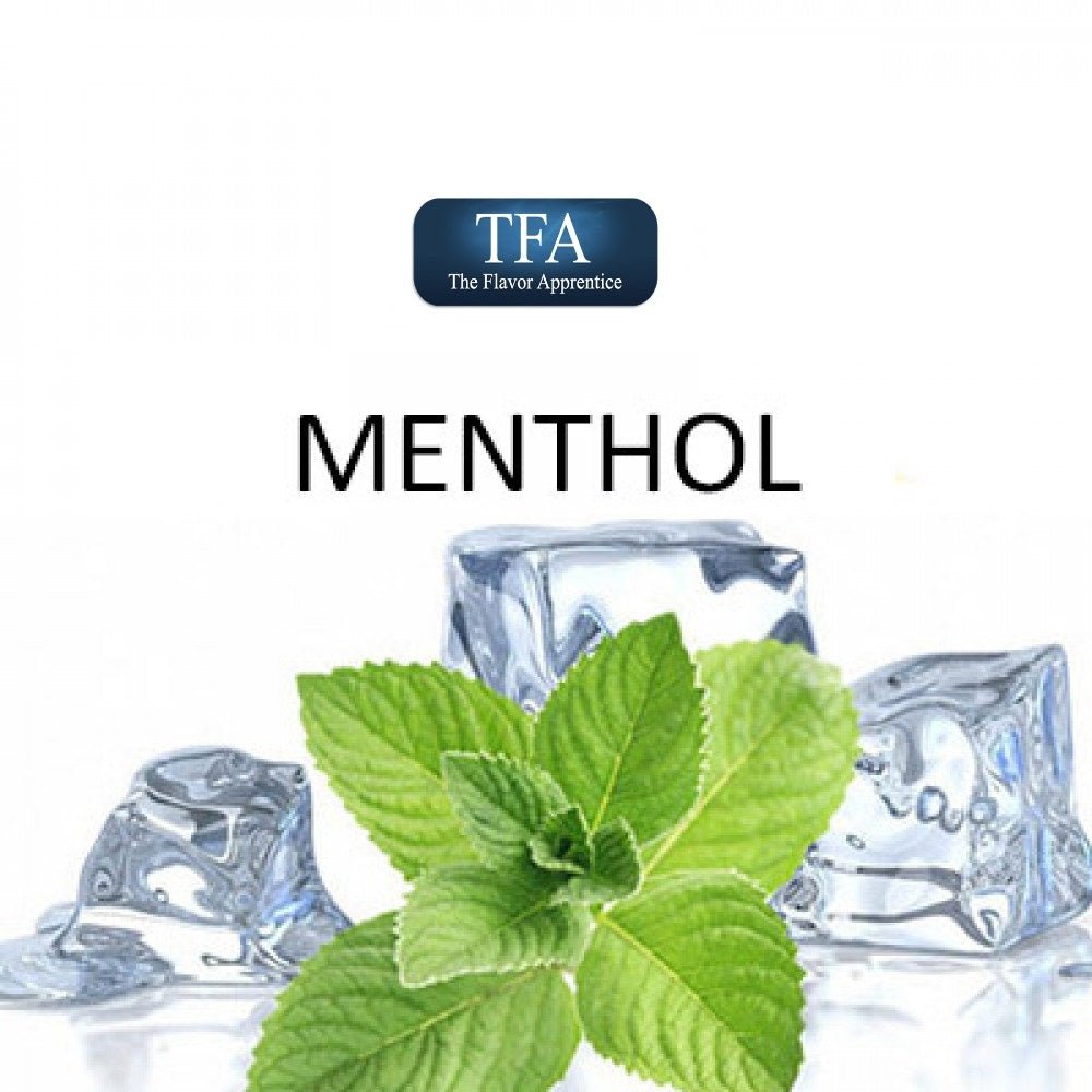 TFA Menthol PG flavor concentrate bottle from TFA/TPA Flavour Concentrates, with label visible and clear packaging.