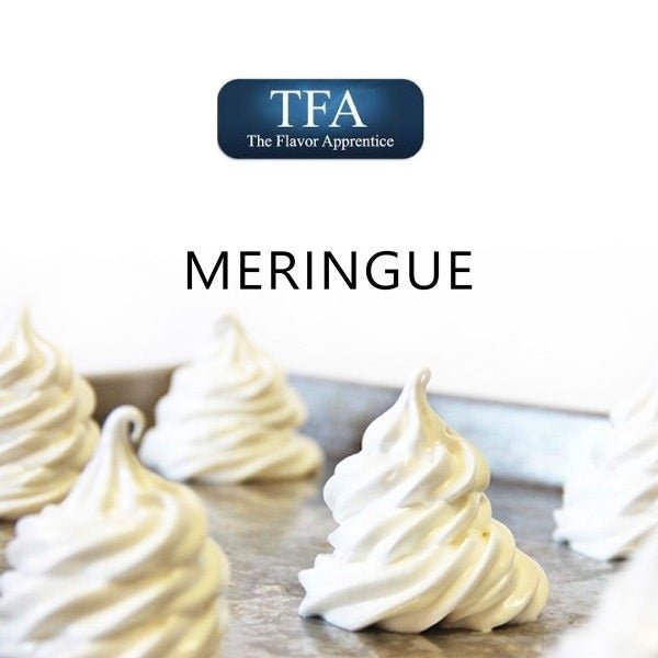 TFA Meringue flavor concentrate from TFA/TPA Flavour Concentrates, creamy white meringue powder in a jar.