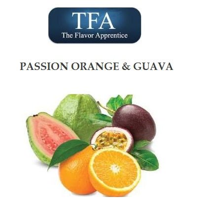 TFA Passion Orange & Guava flavor concentrate bottle from TFA Flavour Concentrates, with orange and guava illustrations on the label.