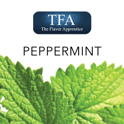 TFA Peppermint II flavor concentrate bottle from TFA/TPA Flavour Concentrates, with a clear label and green peppermint design.
