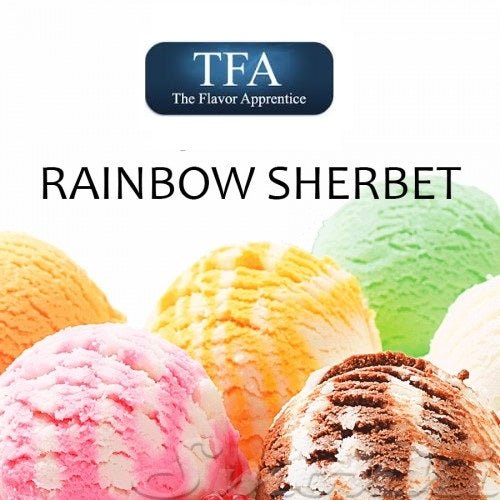 TFA Rainbow Sherbet flavor concentrate from TFA/TPA Flavour Concentrates showing vibrant rainbow-colored packaging.