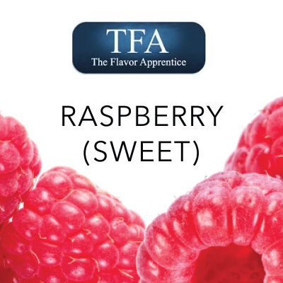 TFA Raspberry Sweet flavor concentrate bottle from TFA/TPA Flavour Concentrates, with bright raspberry label and clear container.