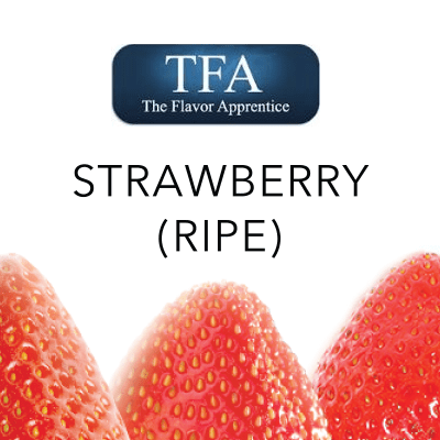 TFA Flavour Concentrates Ripe Strawberry flavor bottle with red cap and label, close-up of the TFA Strawberry Ripe product.