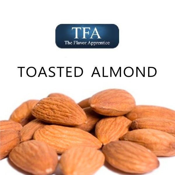 Bottle of TFA Toasted Almond flavor concentrate from TFA/TPA Flavour Concentrates with a clear label and golden liquid inside.