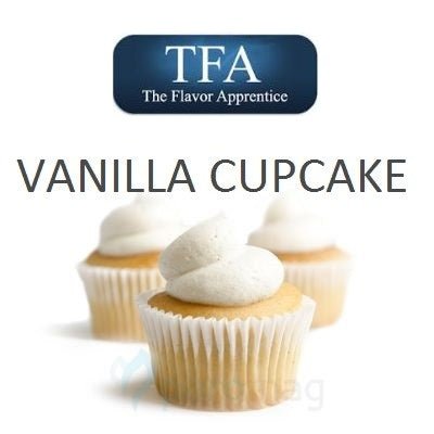 TFA Vanilla Cupcake flavor concentrate bottle from TFA/TPA Flavour Concentrates, with a clear label and orange cap.