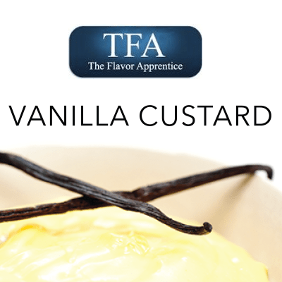 TFA Vanilla Custard flavor concentrate bottle from TFA/TPA Flavour Concentrates with vanilla custard label and branding.