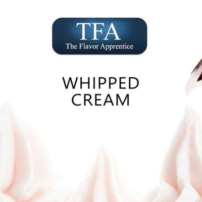 Bottle of TFA Whipped Cream flavor concentrate from TFA/TPA Flavour Concentrates, shown in clear packaging with label.