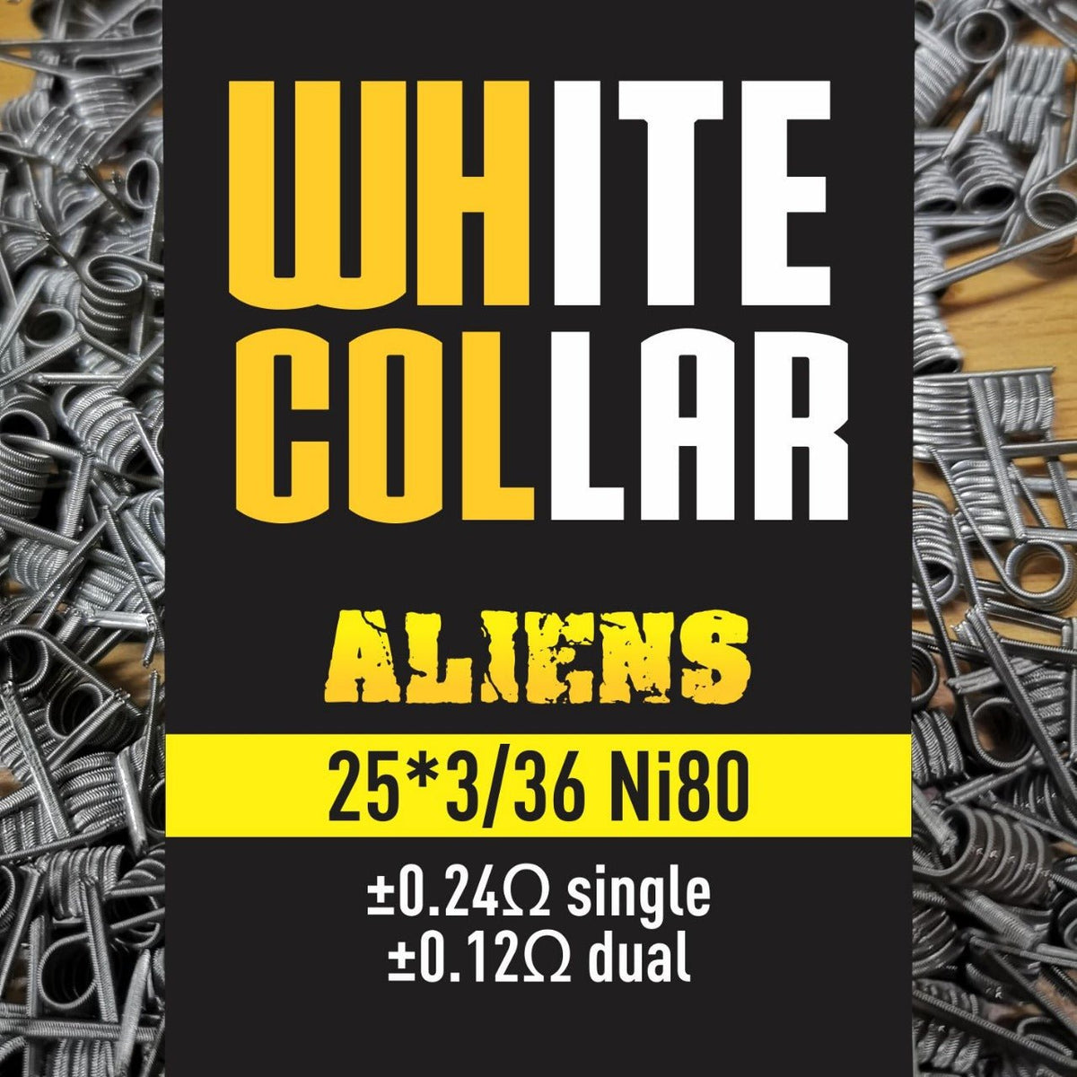 White collar coil featuring yellow alien design from Flavour World SA, with 3*25/36 size and coil appearance.