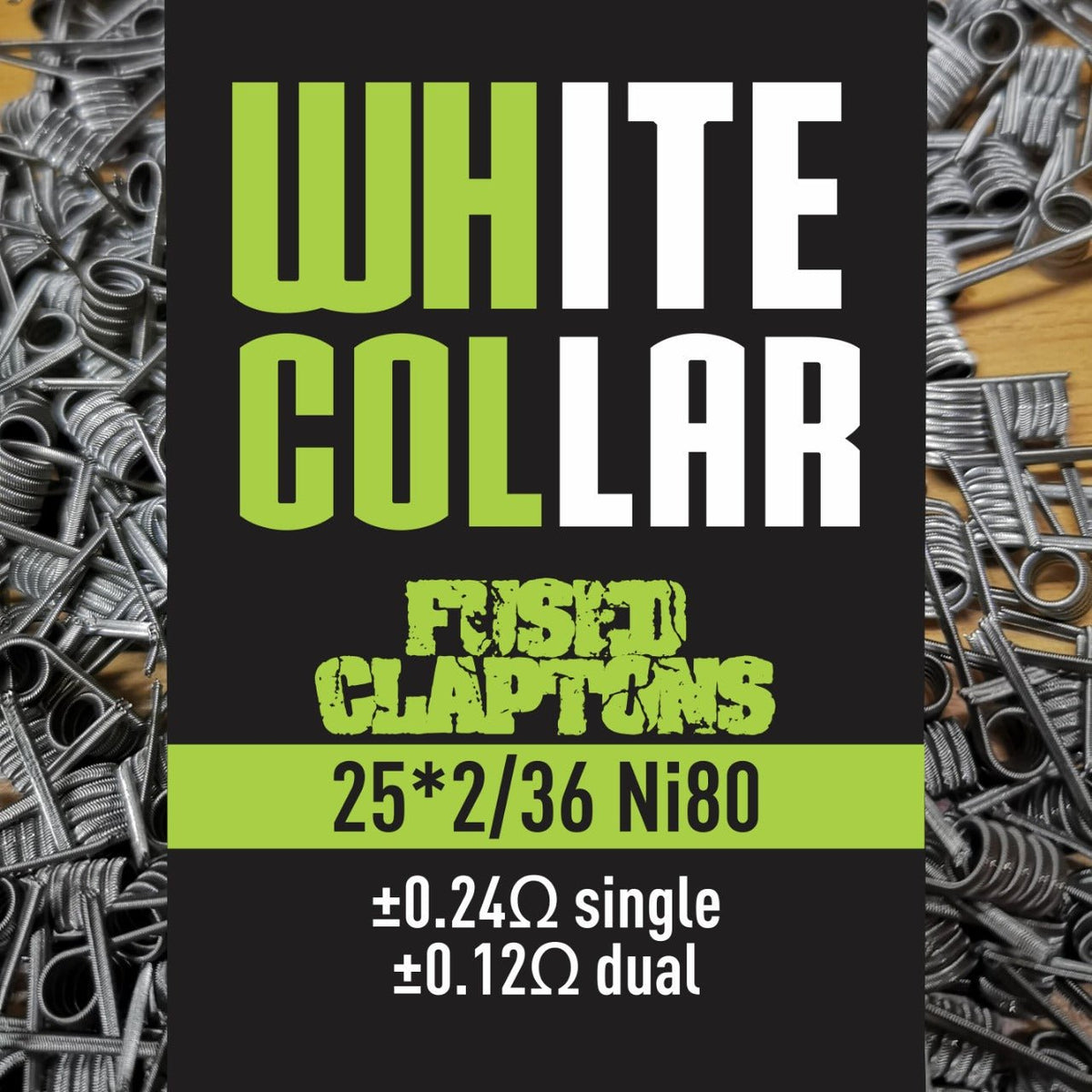 White Collar coils Green Clapton 2×25/36 vape wire from Flavour World SA, showing green-insulated, twisted coil wire for vaping.