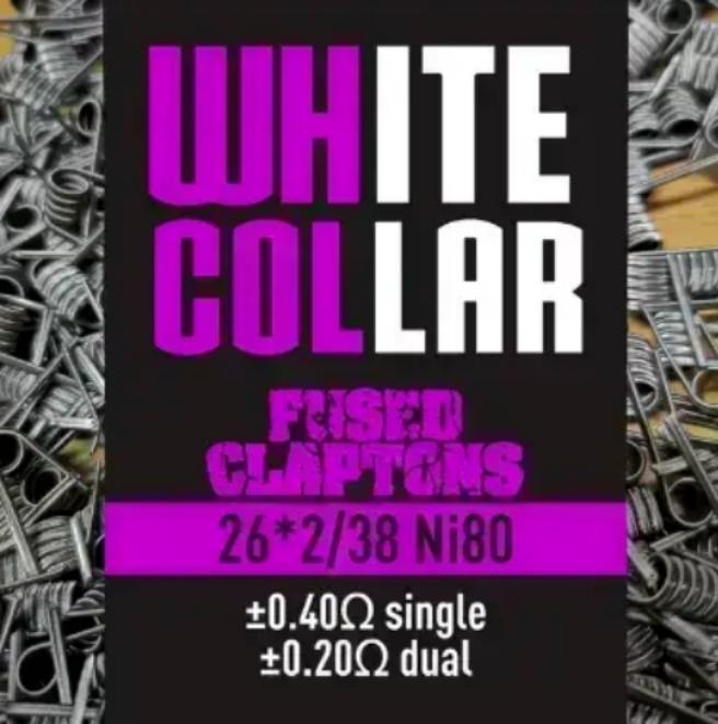 White Collar coils by Flavour World SA, purple fused Clapton wire, 26*2/38 gauge, used for vape coil building.