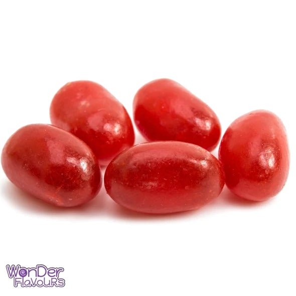 Wonder Flavours Black Cherry Jelly Bean flavor concentrate in a clear jar, showcasing the vibrant, cherry-red liquid inside.